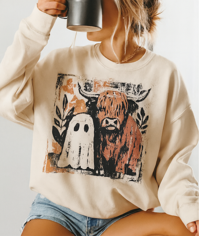 Cozy Highland Cow & Ghost Graphic Sweatshirt & Tee