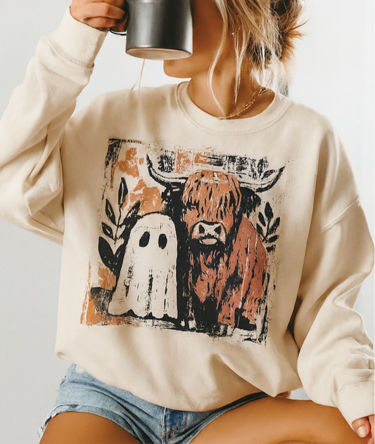 Cozy Highland Cow & Ghost Graphic Sweatshirt & Tee