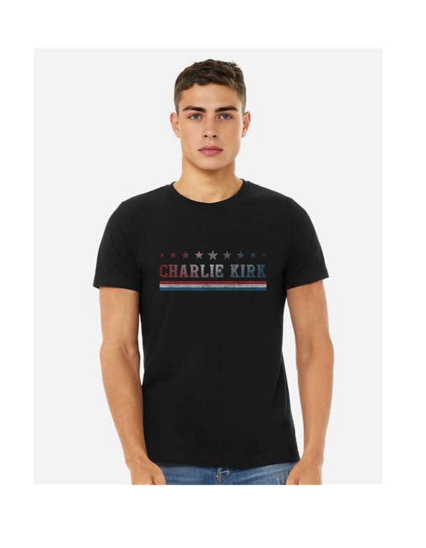Charlie Kirk “Never Give Up” Graphic Tee – Patriotic Red, White & Blue
