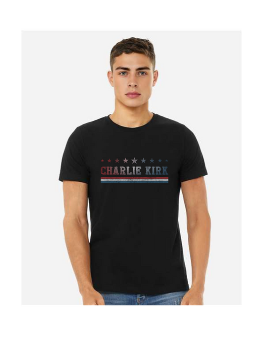 Charlie Kirk “Never Give Up” Graphic Tee – Patriotic Red, White & Blue
