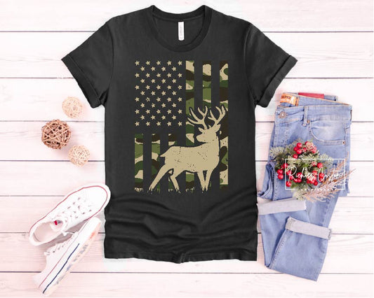 Camo Hunting Deer Flag T-Shirt